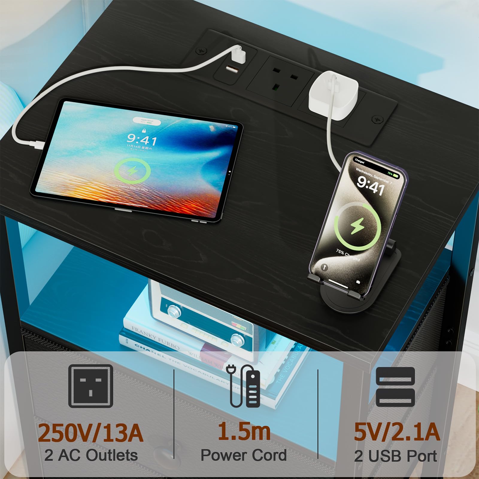 LOAKEKEL Bedside Table with LED Light, Small Side Table with Charging Station - Image 4