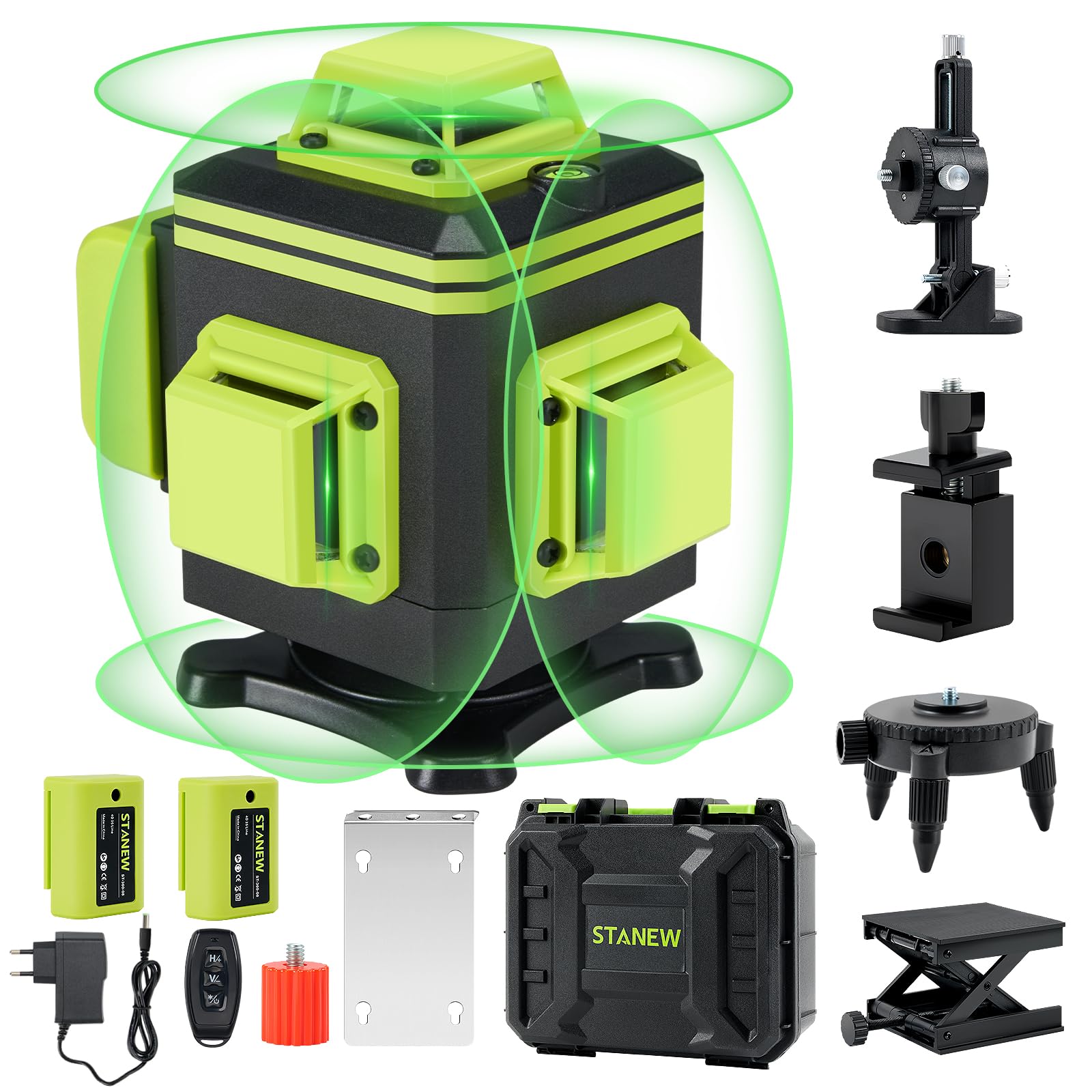 STANEW Laser chantier 4 x 360°,Autonivelant Niveau Laser Vert 4D 16 Line Ligne Laser Verte Horizontal et Verticale avec Télécommande Intégrée