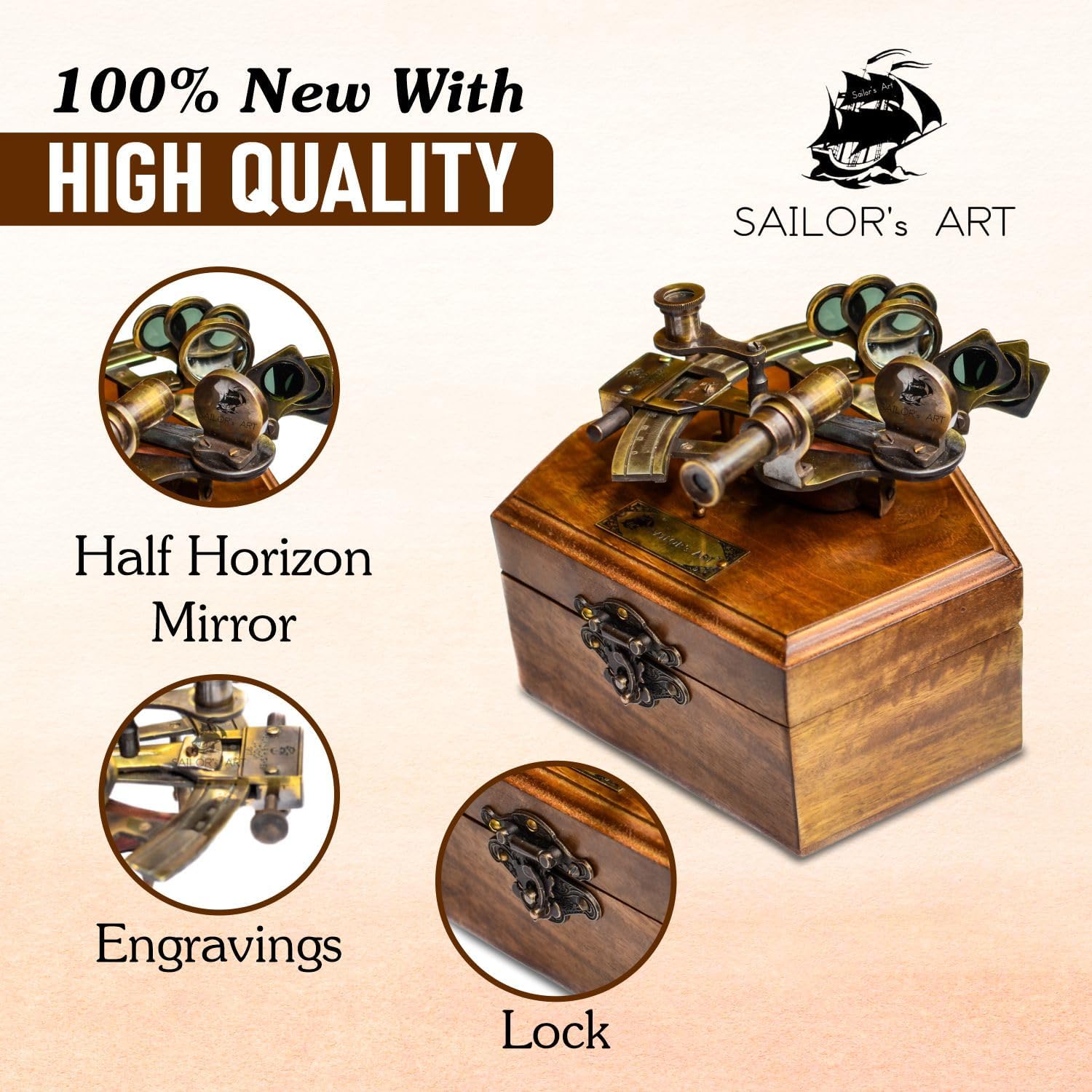 Sailor's Art Antique Brass Nautical Sextant with Wooden Box,Kelvin & Hughes 1917 London Brass Sextant for Mariners Surveyors,Navigation Instruments Sextant,Vintage Style Wedding,Graduation Gifts