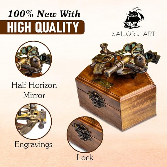 Sailor's Art Antique Brass Nautical Sextant with Wooden Box,Kelvin & Hughes 1917 London Brass Sextant for Mariners Surveyors,Navigation Instruments Sextant,Vintage Style Wedding,Graduation Gifts