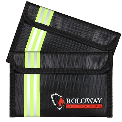 ROLOWAY Small Fireproof Bag (5 x 8 inches) with Reflective Strip, Fireproof Money Bag for Cash, Valuables, Passport, Currency & Keys (2-Pack Black)