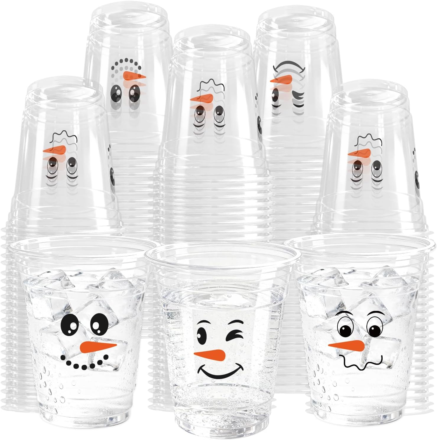 100 Pack Christmas Snowman Disposable Cups 12oz Smiling Snowman Face Plastic Party Cups Winter Drinking Cup for Xmas Holiday Party Favor Supplies Decor