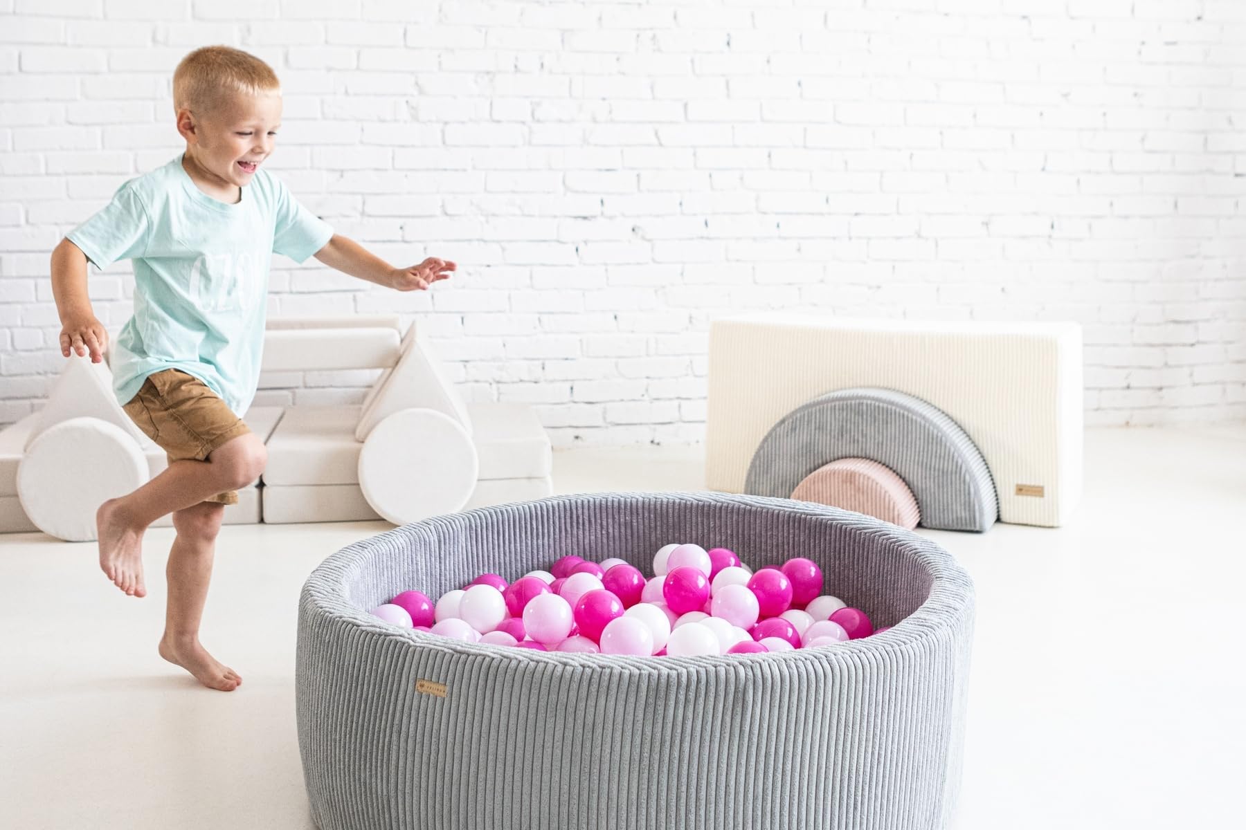 Piscina con 300 Palline Colorate Rotonda 90cm Velluto a Coste Bambino Gioco (Colore Piscina/Palline: Grigio/Bianco, Grigio, Rosa Chiaro, Rosa (Pastello))