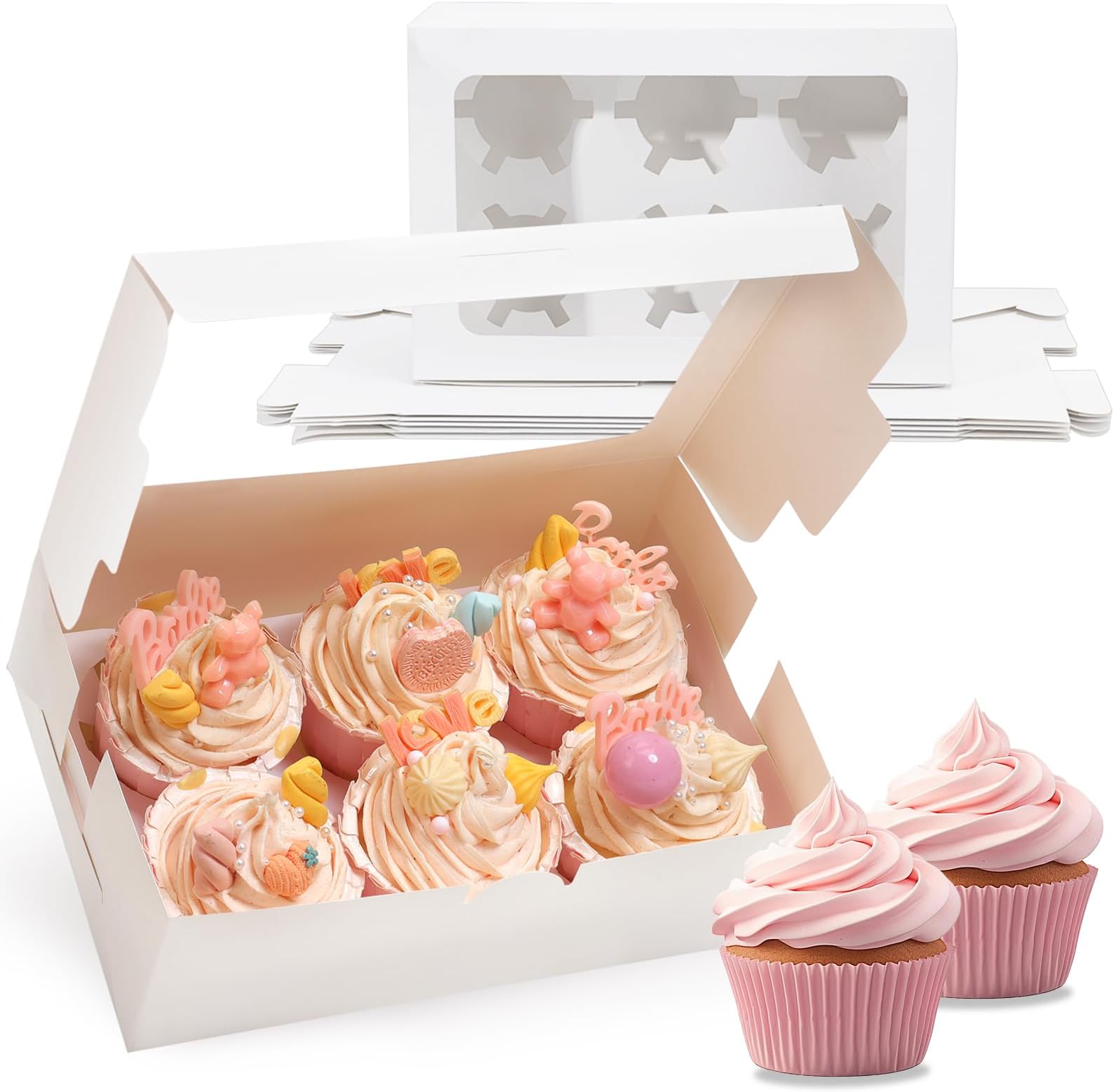 TOMNK 6 Count White Cupcake Boxes with Window - 36 Total Capacity Cupcake Carrier Sets for Birthday Holiday Party Bakery Supplies