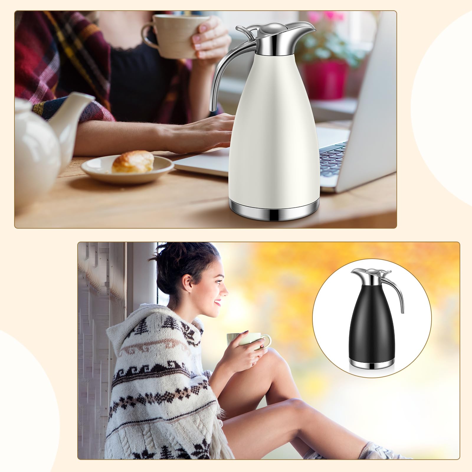Uiifan 2 jarras térmicas de acero inoxidable de 68 onzas, jarra térmica de café aislada de doble pared al vacío con cepillos, retención de calor de 12 horas (negro, blanco)