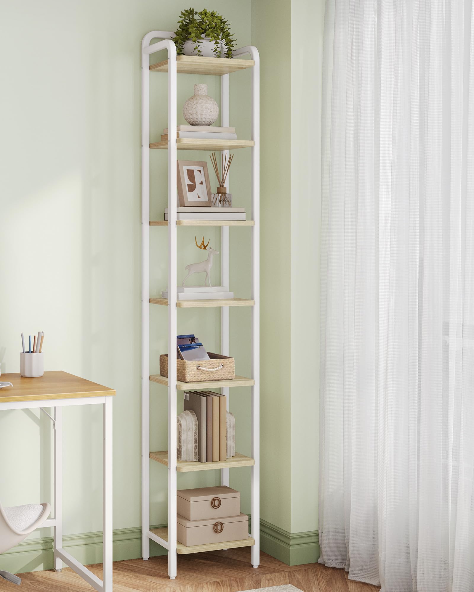 Hzuaneri Scaffale a 7 Ripiani, Libreria, Scaffale Stretto per Libri, Mensola D'angolo Industriale, Mensola Sottile per Ufficio, Soggiorno, Camera da Letto, Cucina, Quercia bianca e bianco BC24816W