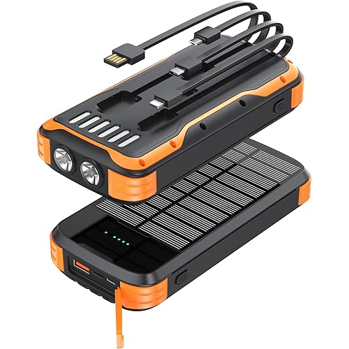 Solar Power Bank 40000mAh, Portable Charger PD 20W Fast Charging Solar Charger Power Bank Built in 4 Cables and USB-C in/Output, Camping Essentials External Battery Pack with Flashlights