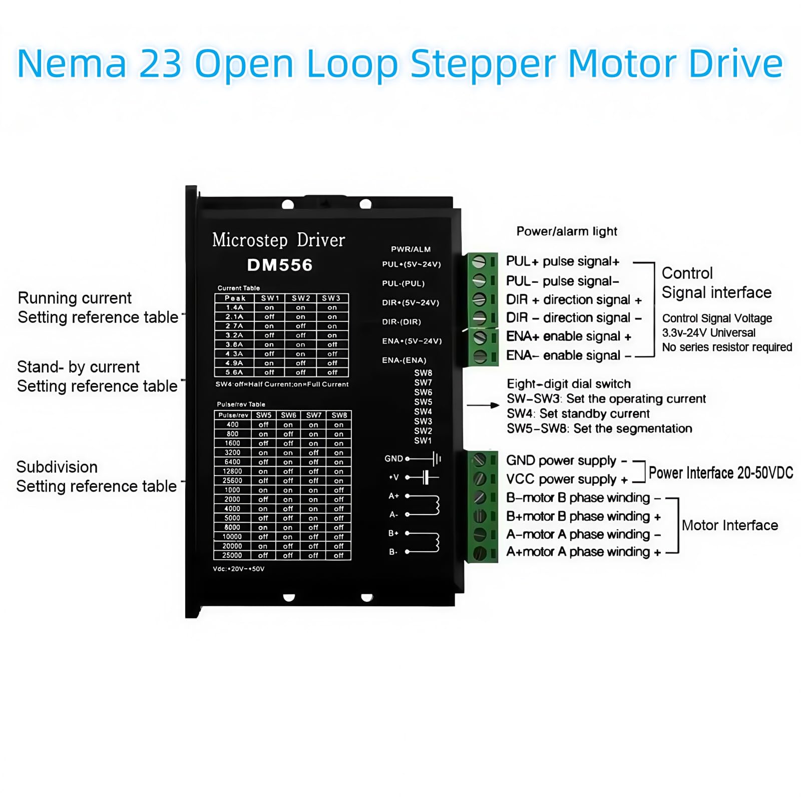 Kit CNC a 1 asse Nema 23 57 mm motore passo-passo 3 Nm 425 once in albero da 8 mm albero 3 A 2 fasi 4 filo 1,8 stepper ad angolo e DM556 driver motore passo-passo per robot fresatrice tornitura