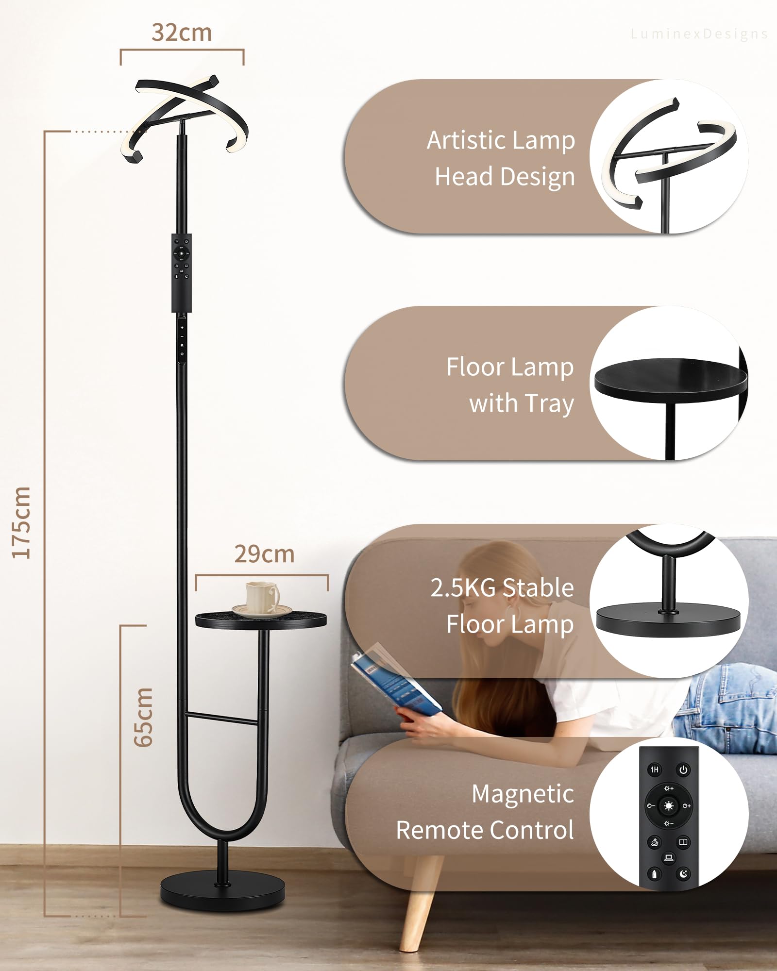 AVEN MF19 lampa stojąca LED, 36 W, ściemniana, z pilotem zdalnego sterowania, lampa stojąca z półką na półkę, obracana o 360°, nowoczesna lampa stojąca, czarna, do sypialni
