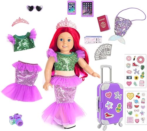 Miniatura 2 de Ropa y accesorios de muñeca de sirena de 18 pulgadas, maleta de muñeca brillante, juego de viaje para muñecas de 18 pulgadas