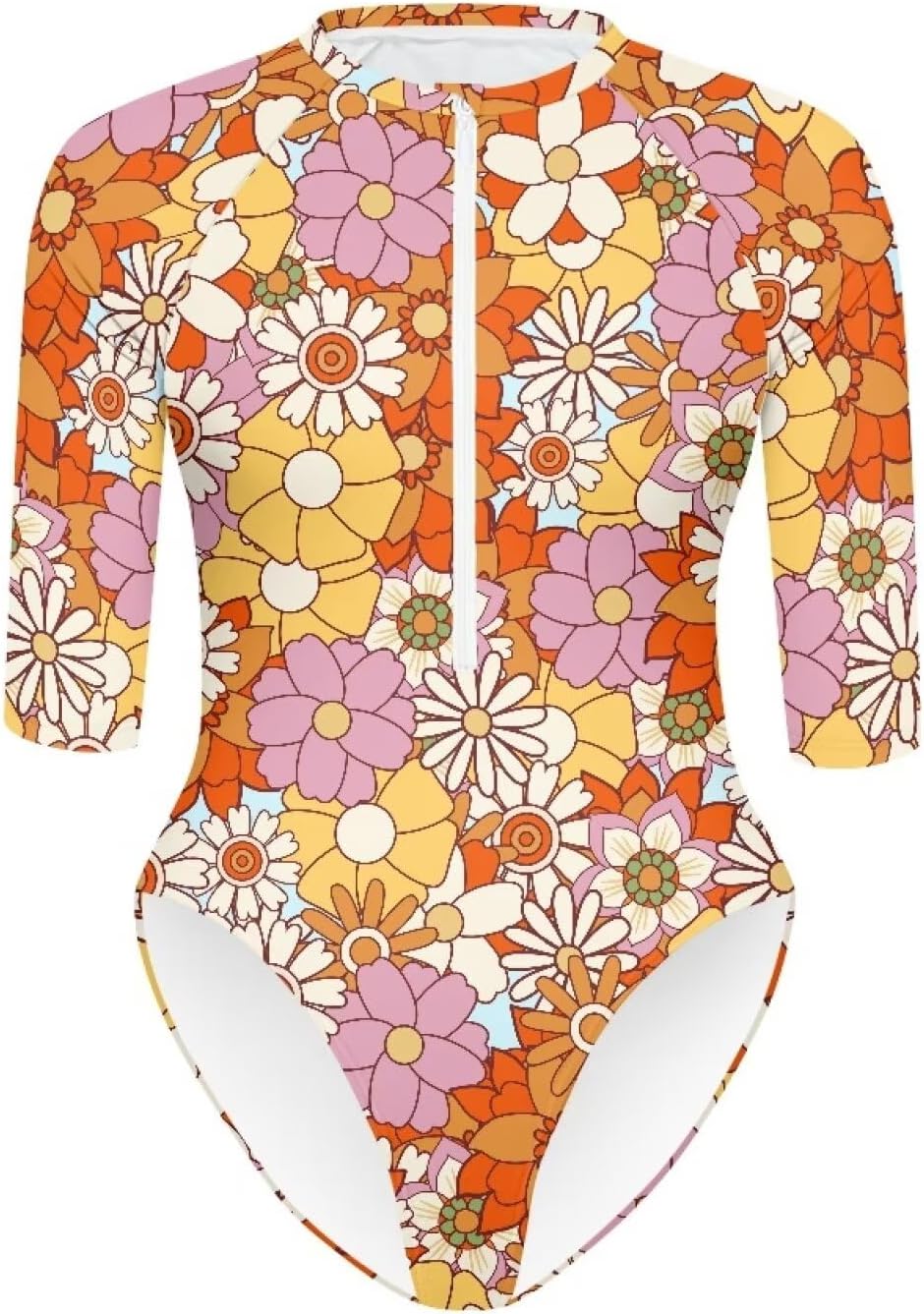 Women's One Piece Swimsuit High Cut Athletic Swimwear Half Sleeve Zipper Tummy Control Bathing Suits Size XS-2XL