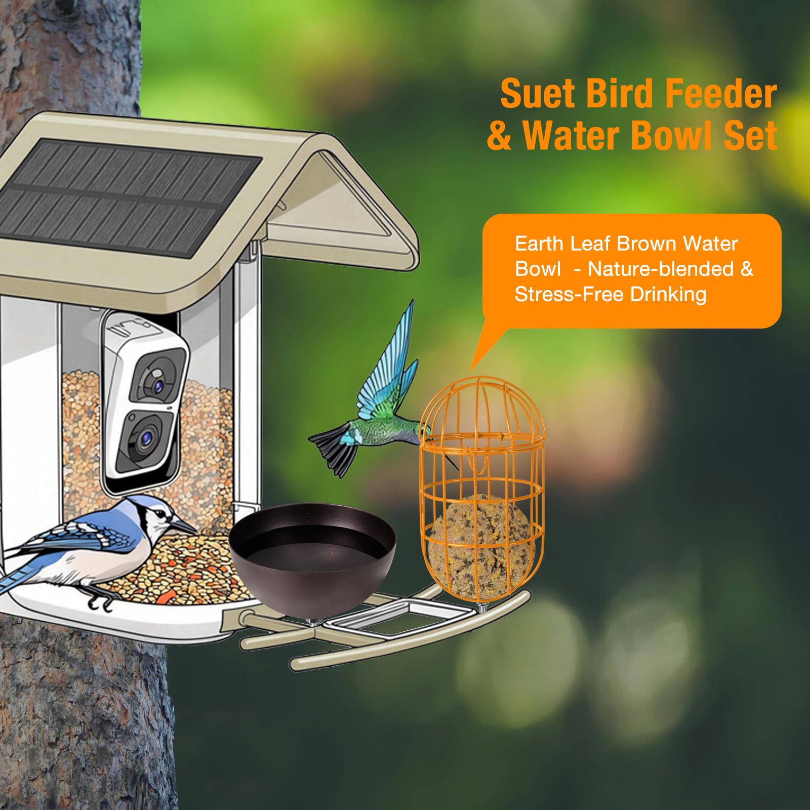 Soporte de bola de sebo de metal + juego de cuenco de agua para pájaros, compatible con la mayoría de comederos inteligentes al aire libre, bola de sebo ovalada para exteriores, piezas de