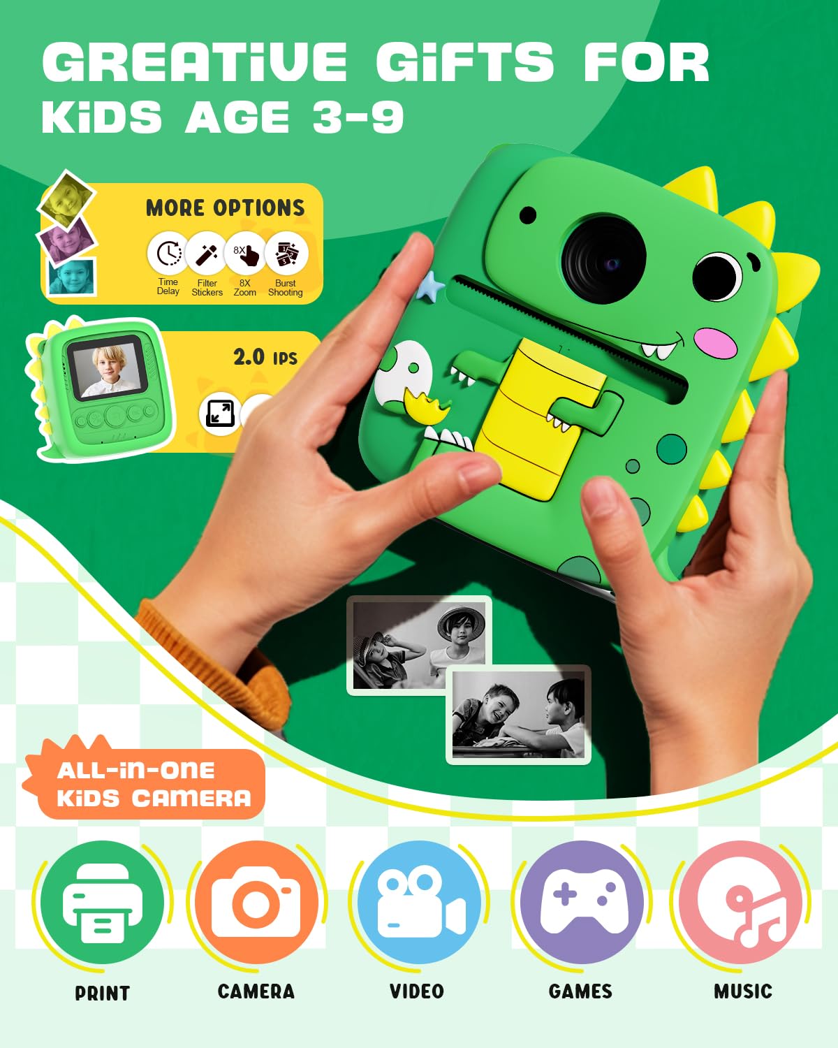 Cámara de impresión instantánea para niños y niñas, color verde