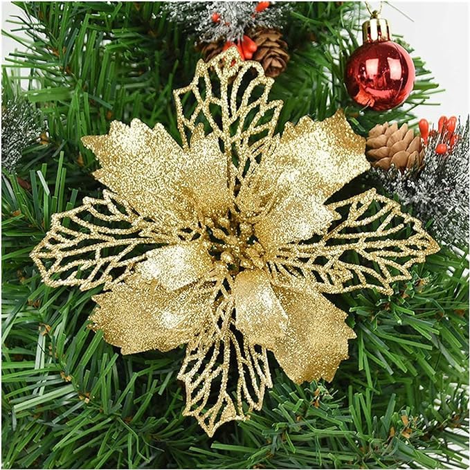 Buy Sesonby 6 Golden Glitter Poinsettia Artificial Flowers Christmas