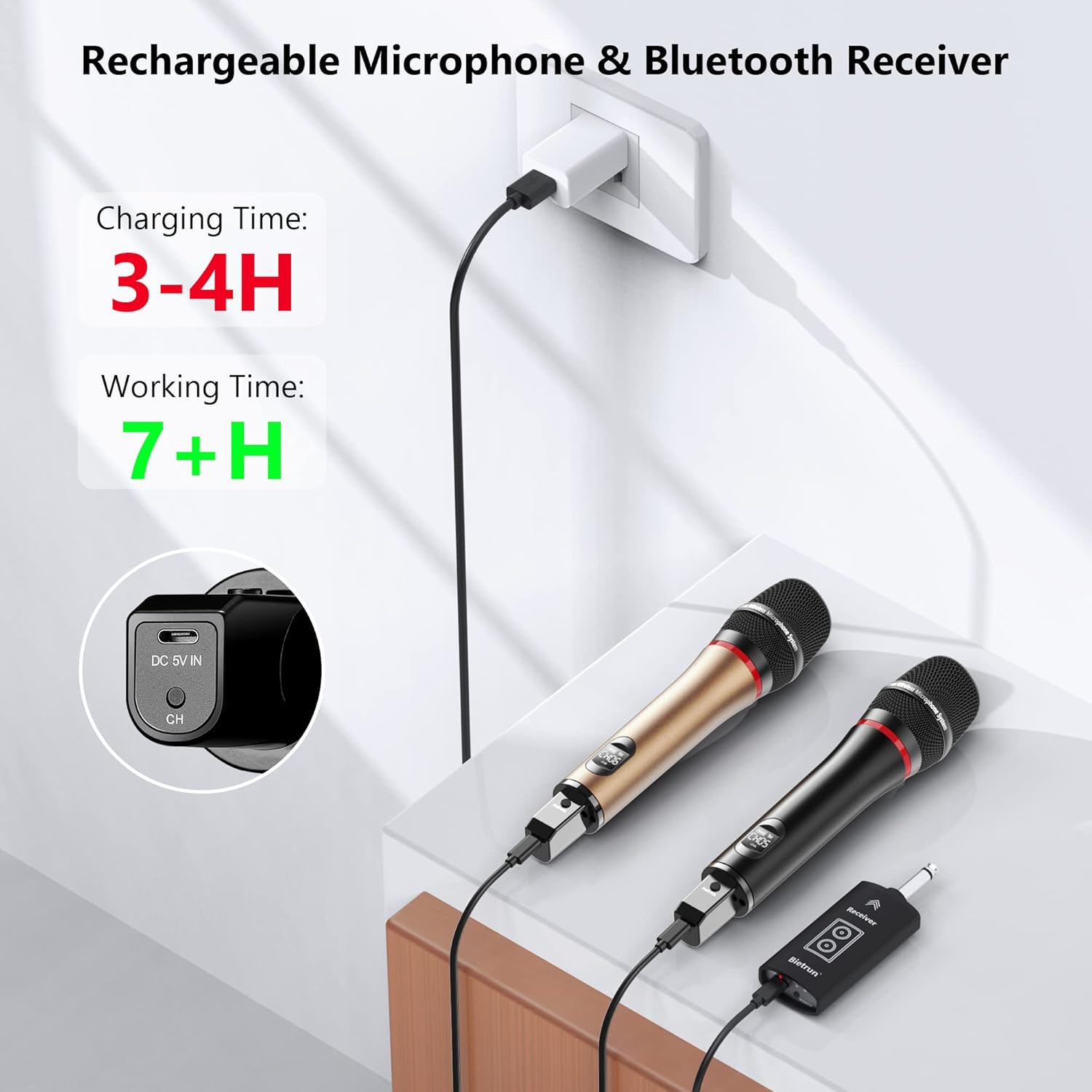 Microphones and receiver connected to a power adapter for charging