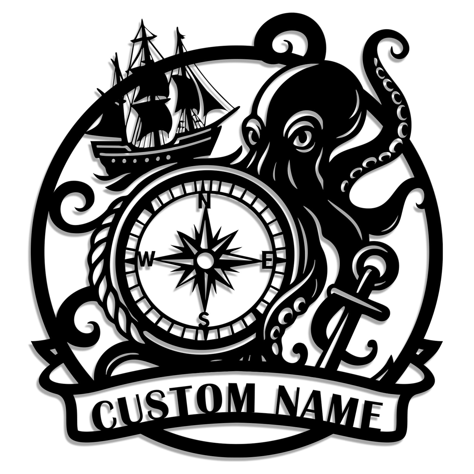Personalized Octopus Metal Sign – Custom Nautical Wall Art with Kraken, Anchor, Lighthouse & Compass – Marine-Inspired Iron Decoration for Beach House, Bar, or Outdoor (Style-D)
