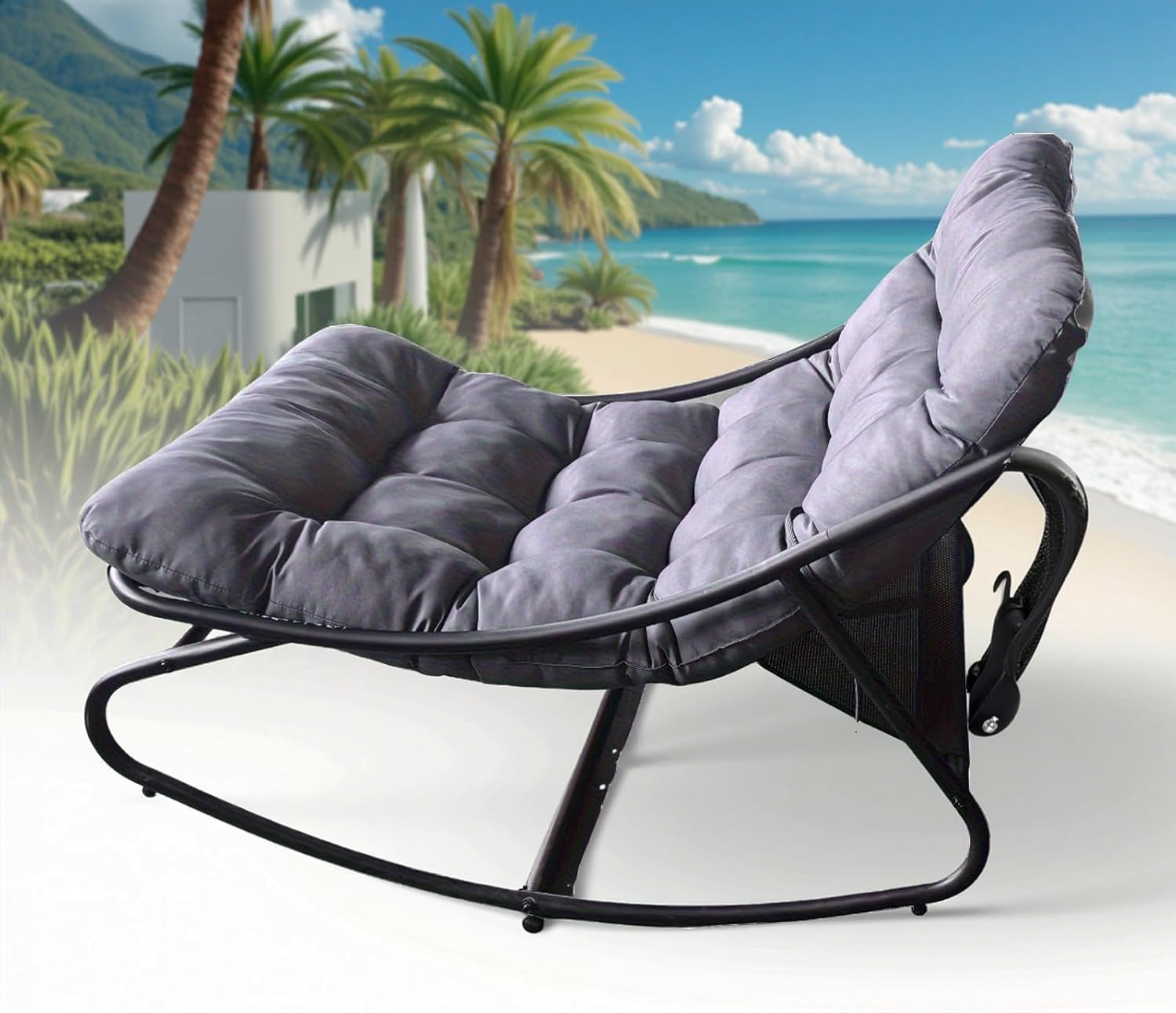 Outdoor Rocking Chair, Adjustable Reclining Backrest and Waterproof Cushion, Patio Rocker with Thick Padded Seat for Indoor, Garden, Balcony, Living Room, Comfortable Support for Relaxing，Grey