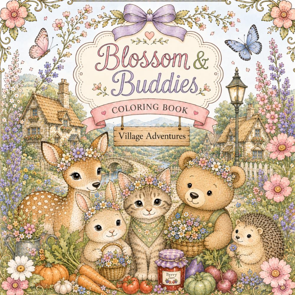 Blossom & Buddies Coloring Book [Village Adventures]: Cute Animal Coloring Pages Featuring Cozy Villages, Farmer’s Markets, Garden Harvests, Cottage Paths, Sweet Treats, and Whimsical Adventures