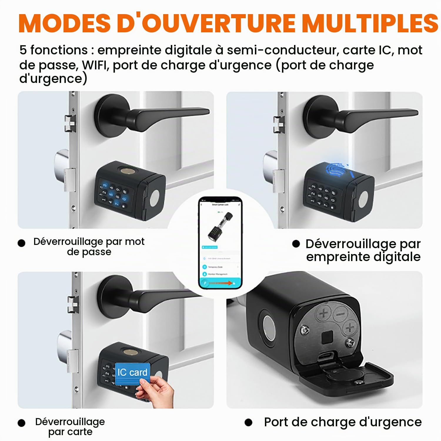 Serrure à Code avec Bluetooth,Serrure Connectée Empreinte Digitale avec Password,Carte RFID,APP et WiFi,pour une épaisseur de Porte de 60-100 mm,Smart Lock Facile à Installer