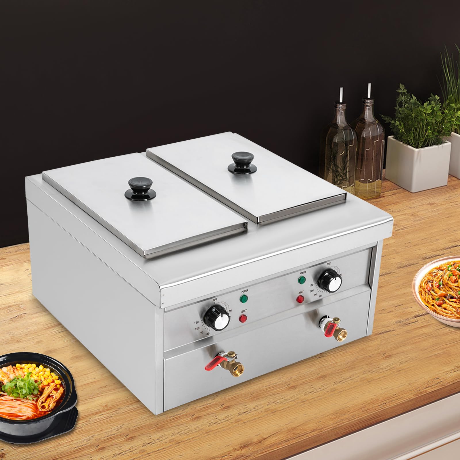 Fornello elettrico professionale in acciaio inox, 220 V, 2 x 2 KW, con 4 cestelli e luci di controllo, temperatura regolabile, per pasta, verdure cotte, pasta di riso e gnocchi