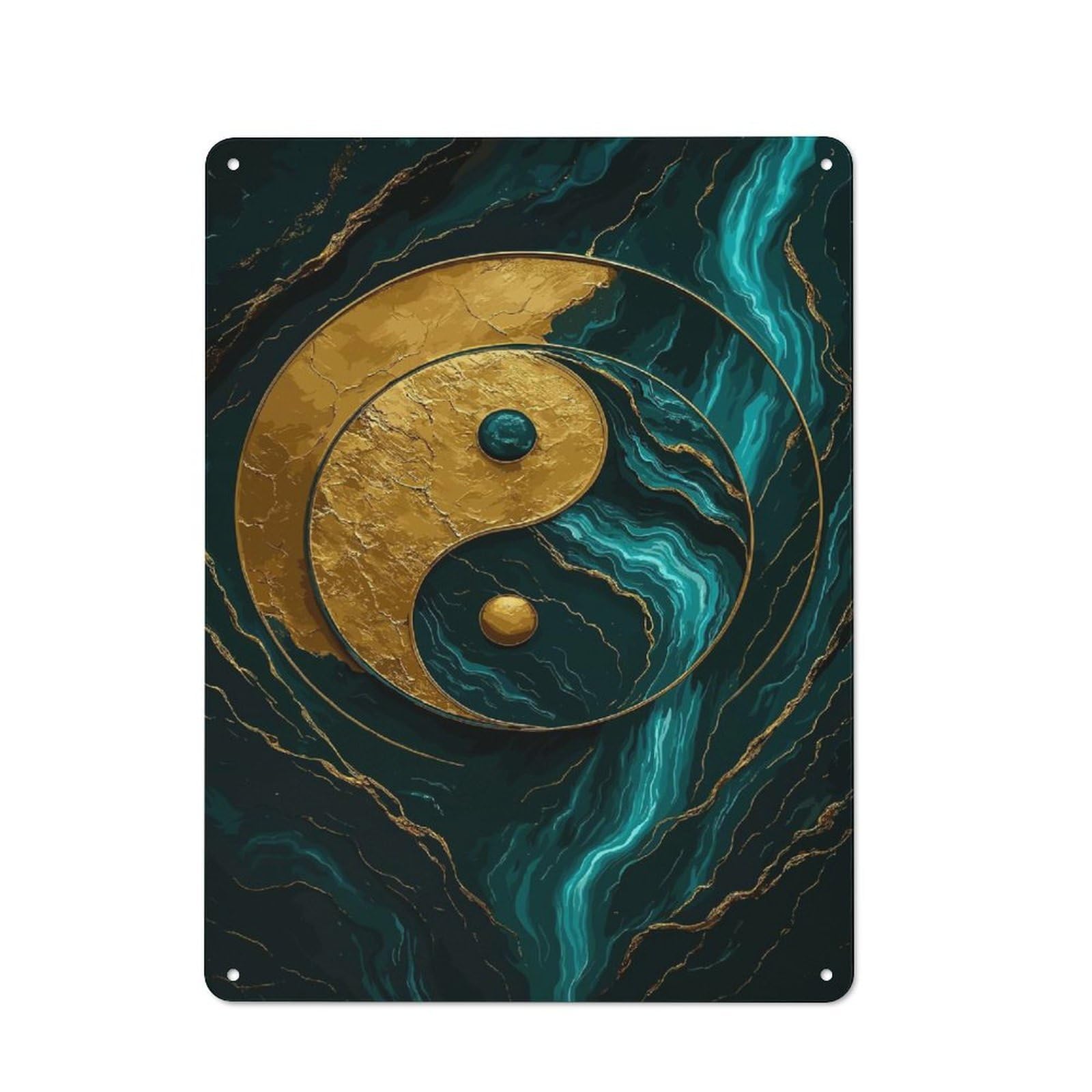 Junmoney Golden Yin Yang On Teal Marble Cafe Style Metal Wall Decor 40X30cm, Vintage Metal Sign For Takeaway, Bar, Kitchen Or Counter Area
