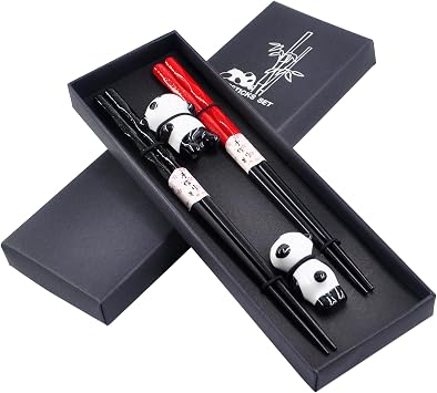 Japanese Chopsticks Set with Ceramic Panda Holders - 9-Inch Elegant Reusable Chopsticks Gift Set for Sushi Lovers Couples Black-Red