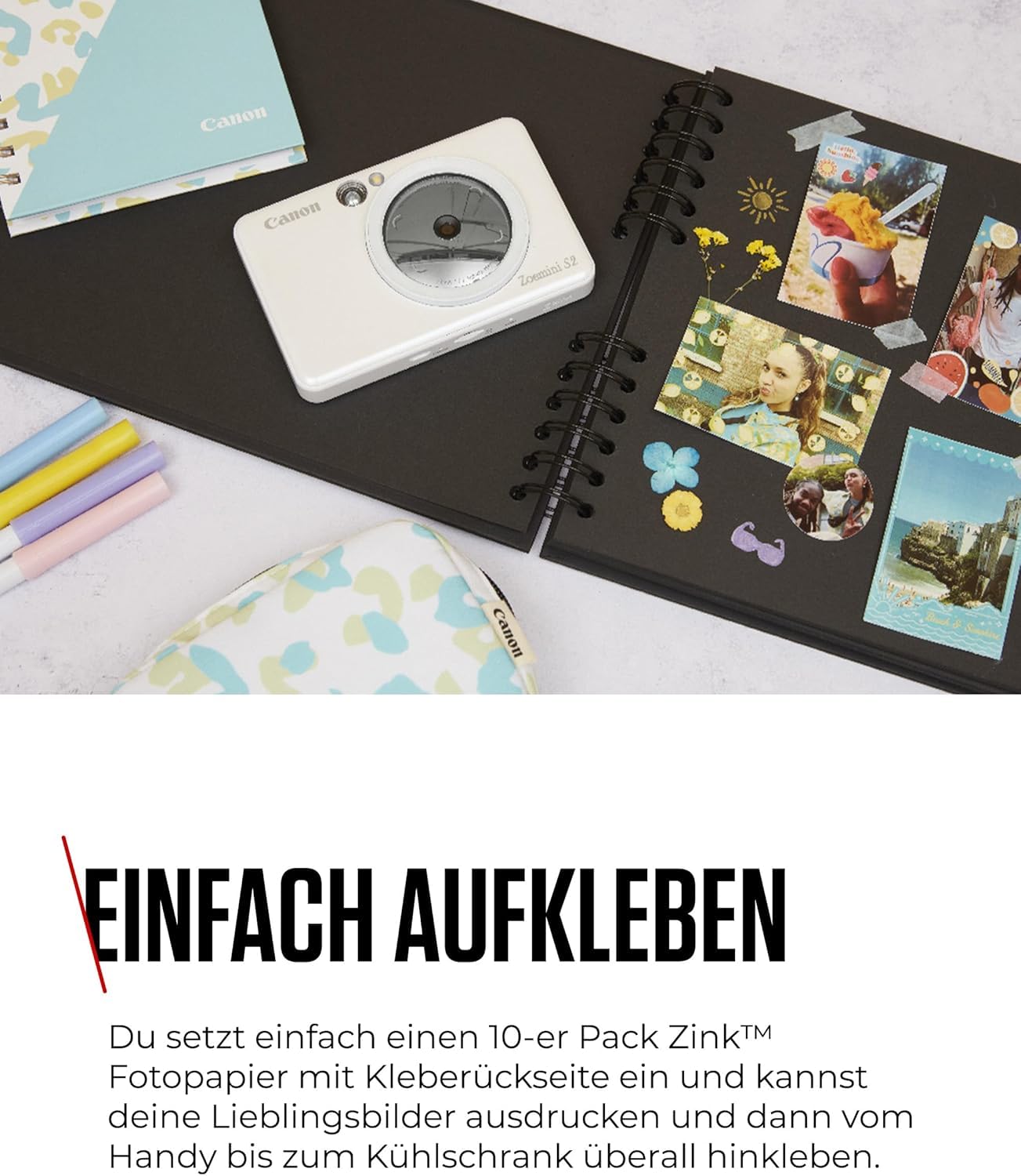 Canon Zoemini S2 Mini Sofortbildkamera + Fotodrucker mobil tragbar unterwegs Hosentasche (Fotodruck 5x7,6 cm, kabelllos, eingebauter Akku, Canon App, Bluetooth) perlweiß [+ 10er Zink Druck-Set]