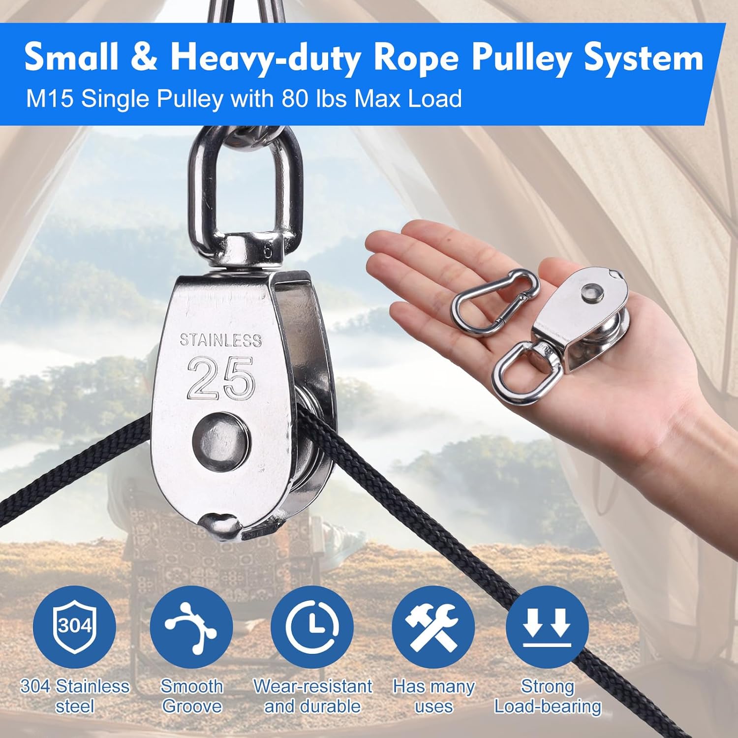M25 Stainless Steel Block and Tackle Pulley System Kit - Heavy-Duty Crane Pulley Wheel with 65.6ft 3/16” Nylon Rope, Snap Hook, Eye Pad & Cleat - Ideal for Lifting, DIY, Clothesline