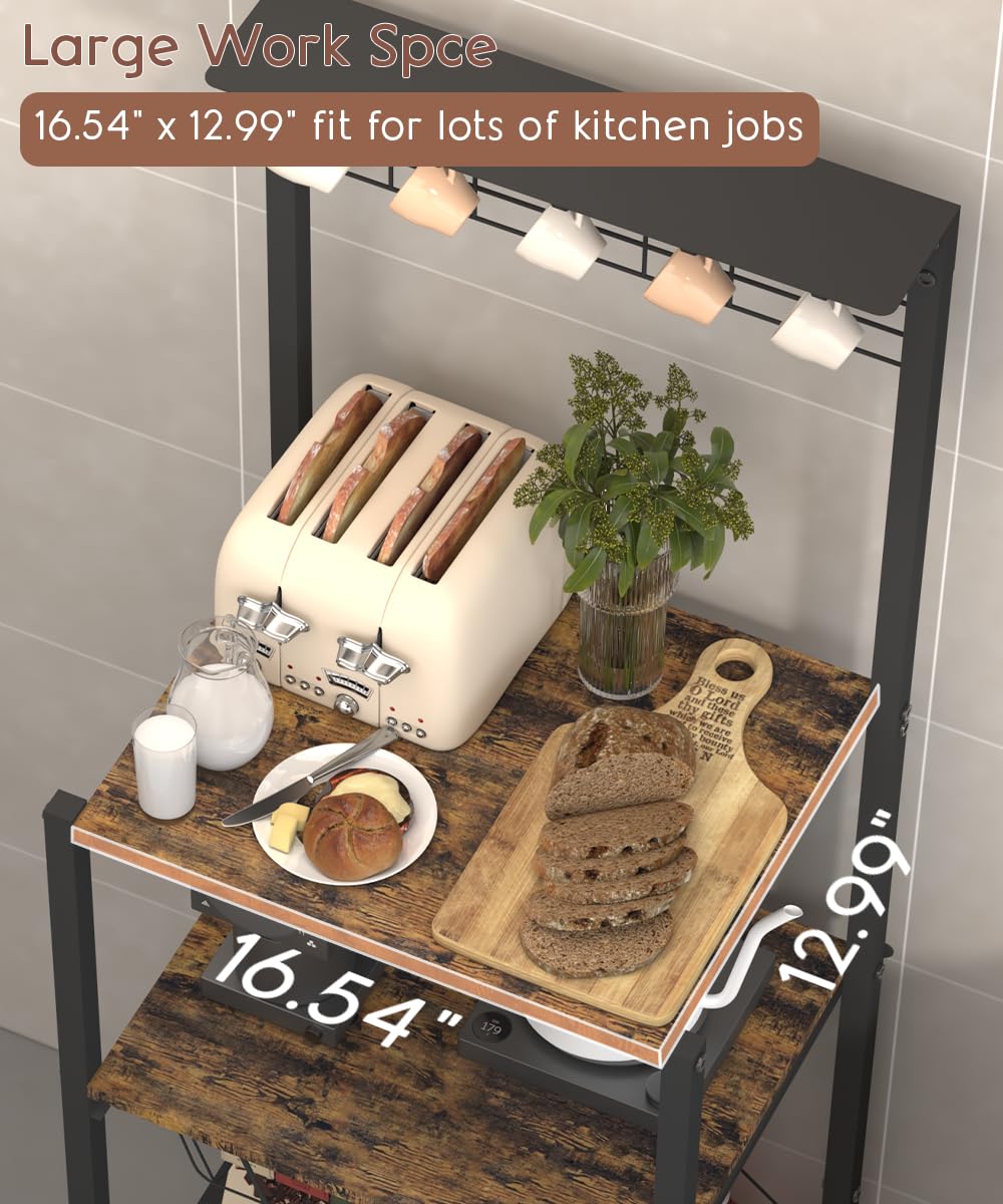Kaffee-Bar-Station mit 4 Etagen, Eck-Bäckerregal mit 5 Haken und Drahtkorb, Kaffeebereiterständer für kleinen Raum, Küchenständer für Eingangsbereich, Wohnzimmer, Café, Schwarz, 41,9 x 33 x