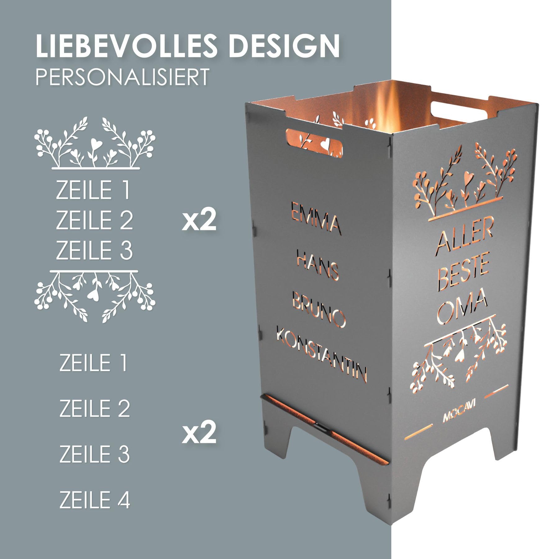 MOCAVI Feuertonne Beste 73 cm | 3 mm Stahl personalisiert Feuerkorb Feuerschale sicher massiv robust Design-Feuerfass für Garten und Terrasse groß eckig Feuerstelle Outdoor hitzefest außen