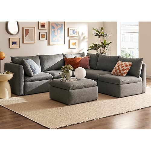mopio Oversized Modular Sectional Sofa with Fully Removable Covers and Storage, Convertible U, L-Shaped and Sleeper Sectional, Modern Couches with Ottoman Chaise (Stone Gray Fabric, 6 Seats, L)