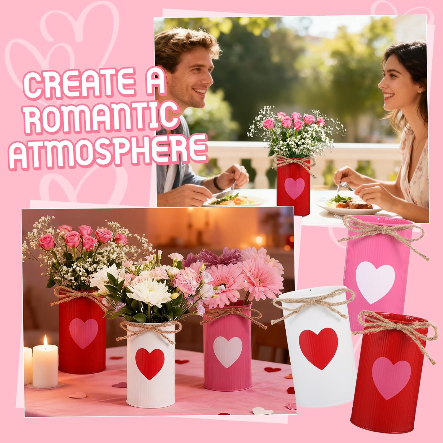 6 Pcs Valentine's Day Vases Heart Galvanized Flower Buckets Table Centerpiece Decorative Flowers Vases Metal Utensil Holders for Kitchen Countertop Wedding Party Home Decorations (Red Pink White)