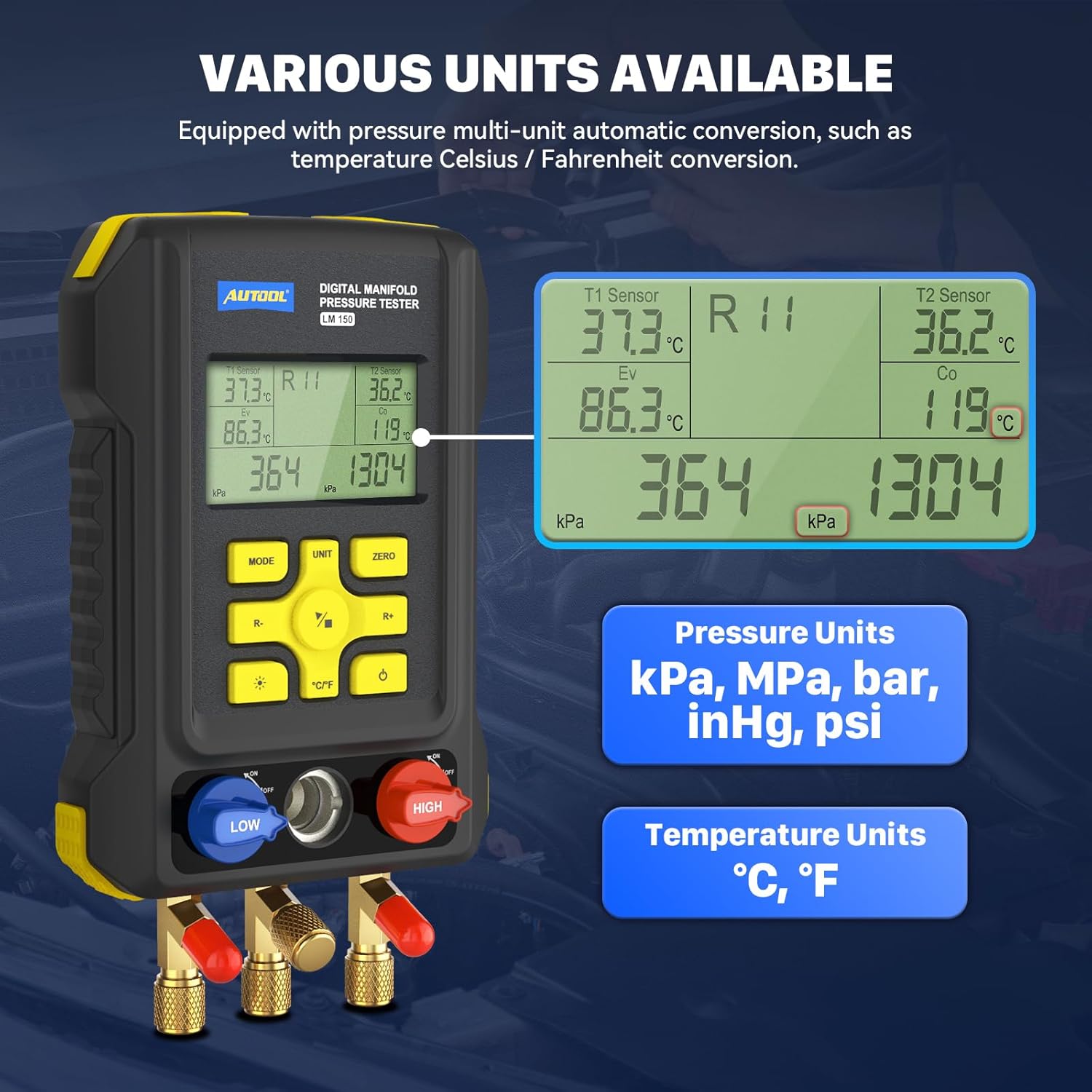 AUTOOL AC Manifold Gauge Set, Incl. 2X Pipe Clamp Thermometer, 1x Digital HVAC Gauge, Set of 3 Hoses – AC Gauge Set, with Evacuation Mode, Refrigerant Mode and Pressure Leak Test