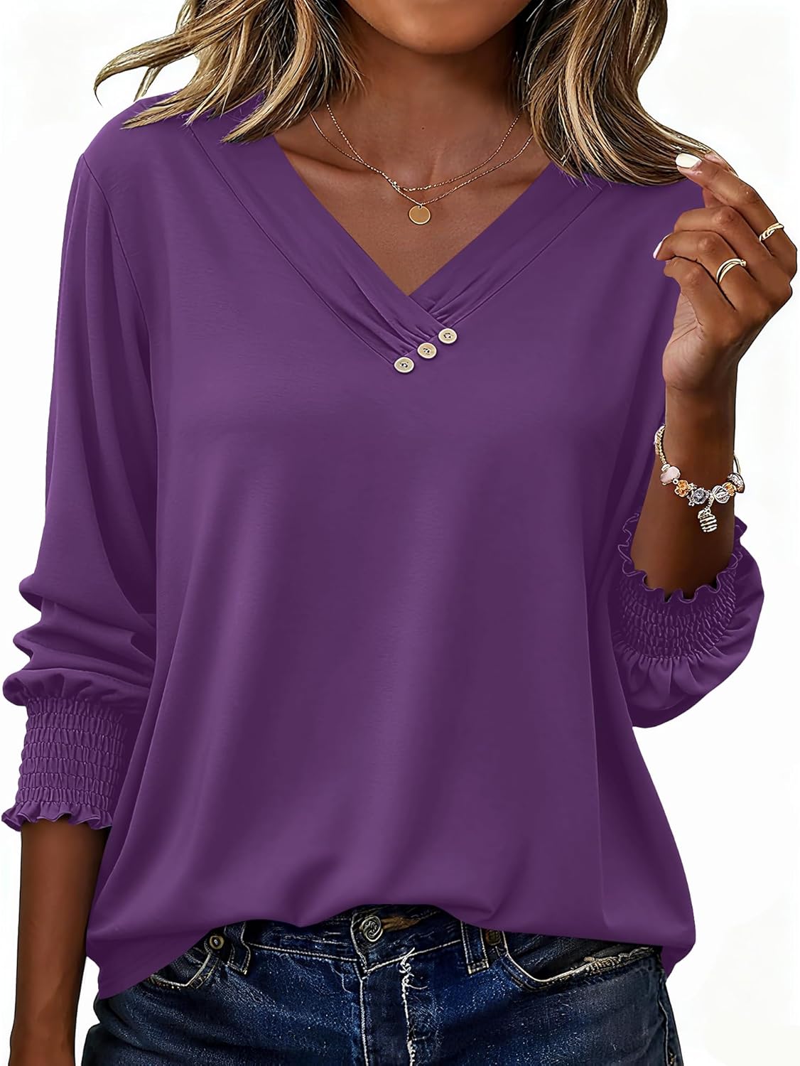 LOMON Blouses for Women Dressy Casual 3/4 Length Sleeve Womens Tops with Buttons Decor