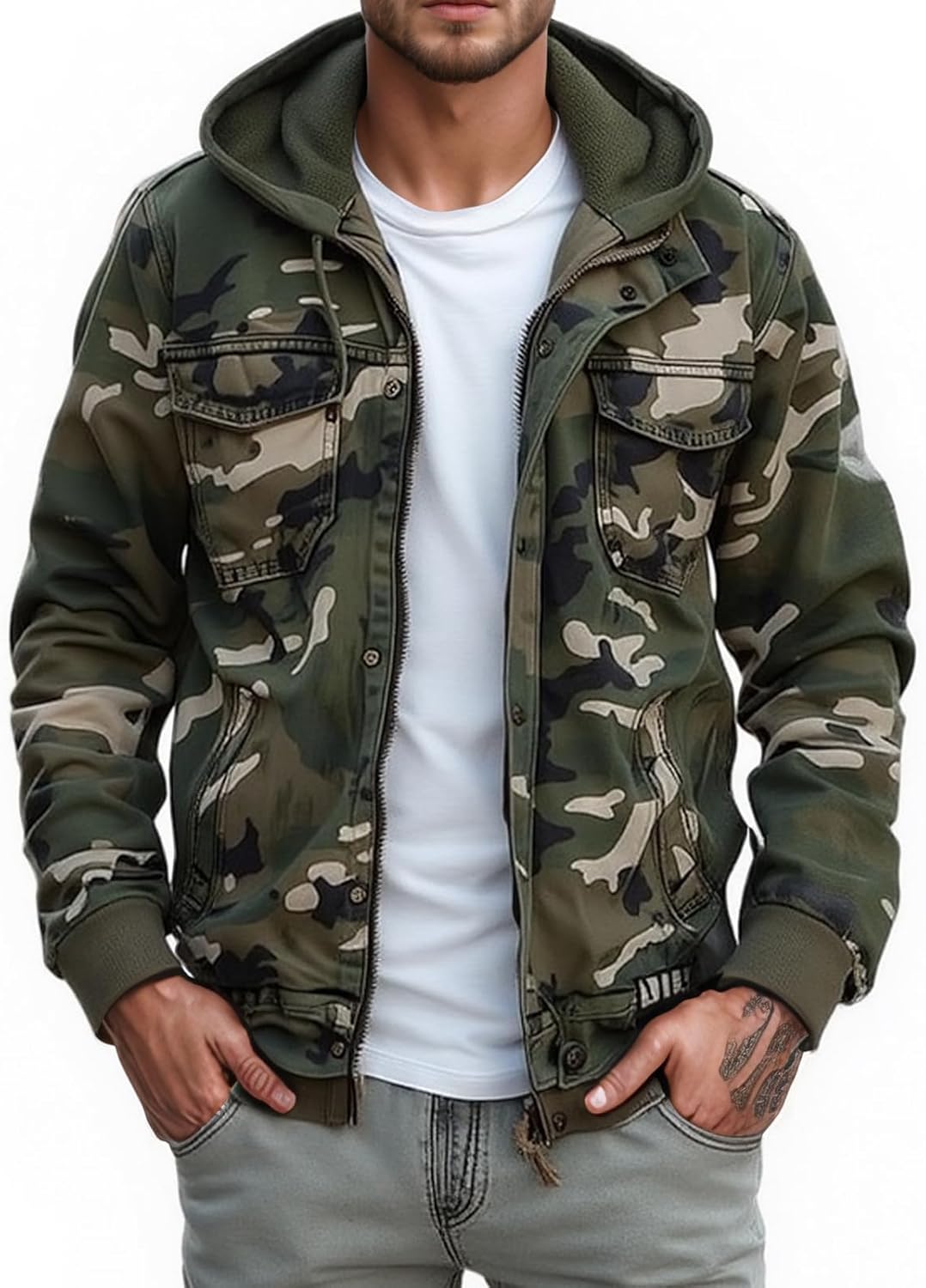 Camo Jacket for Men, Hooded, Cargo,Zipper, Multi-Pocket Military Style Coat for Outdoor & Casual Wear