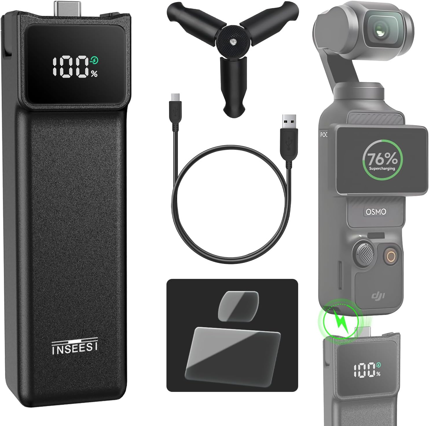Battery Handle for DJI Osmo Pocket 4 3 Extended Accessories Battery Handle 5000mAh Mobile Power with MINI Tripod an Tempered Protector（USB-C Does not Support All Output）