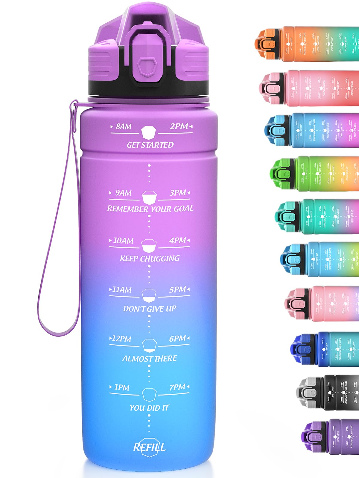 Niggeey Borraccia Sportiva Da 2l, 1,5 Litro, 1 Litro, 700ml, 500ml Bottiglia Sportiva con Indicatore del Tempo e Scala, 1 clic Aperto, Adatto per Palestra, Yoga, Bicicletta, Campeggio e Vita Familiare