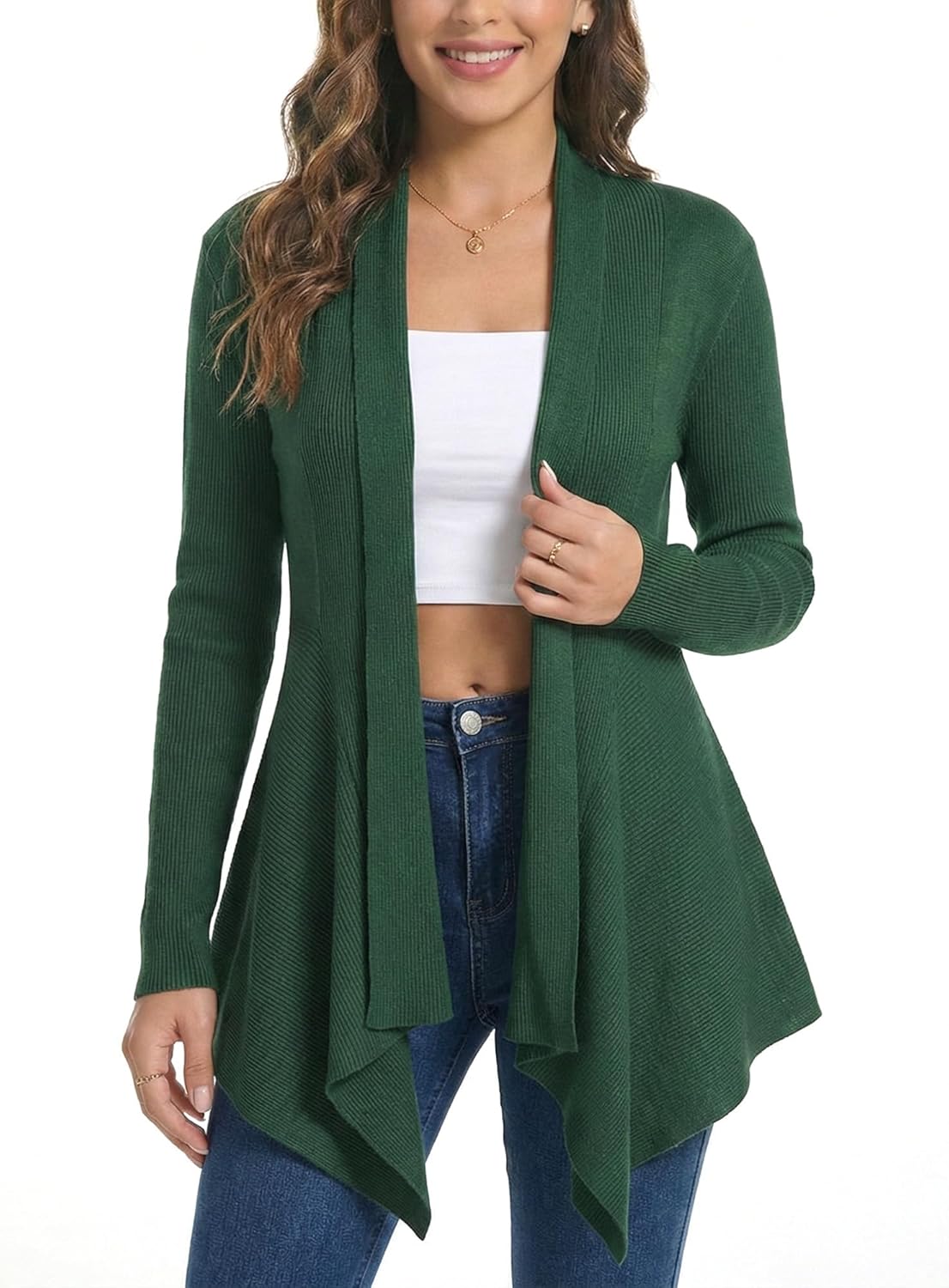 Women's Draped Open Front Cardigan, Soft Ribbed Knit Long Sleeve Irregular Hem All-Season Outerwear