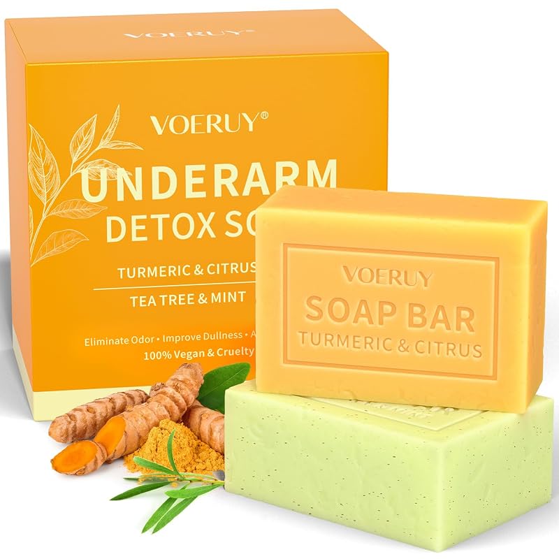 Sabonetes corporais VOERUY com cúrcuma e cítricos, árvore-do-chá e menta, Pacote com 2 e bolsa para sabonete