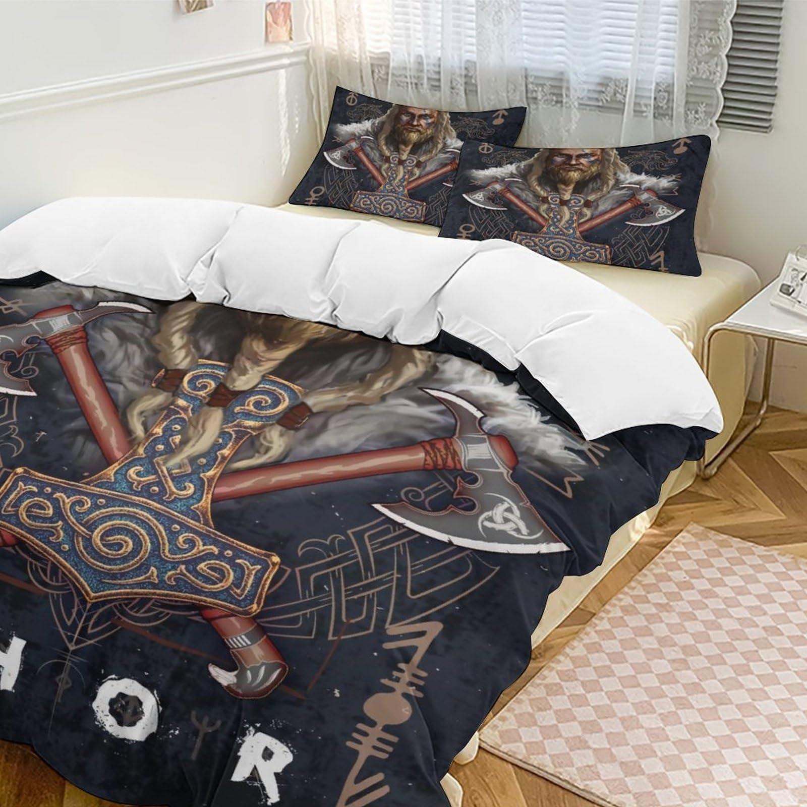 LDZDGD Viking Duvet Cover Queen, Norse Totem Symbols Pattern Quilt Cover, Farmhouse Rustic Bedding Comforter Sets (Color : Valkyrie, Size : 229 x 229CM)