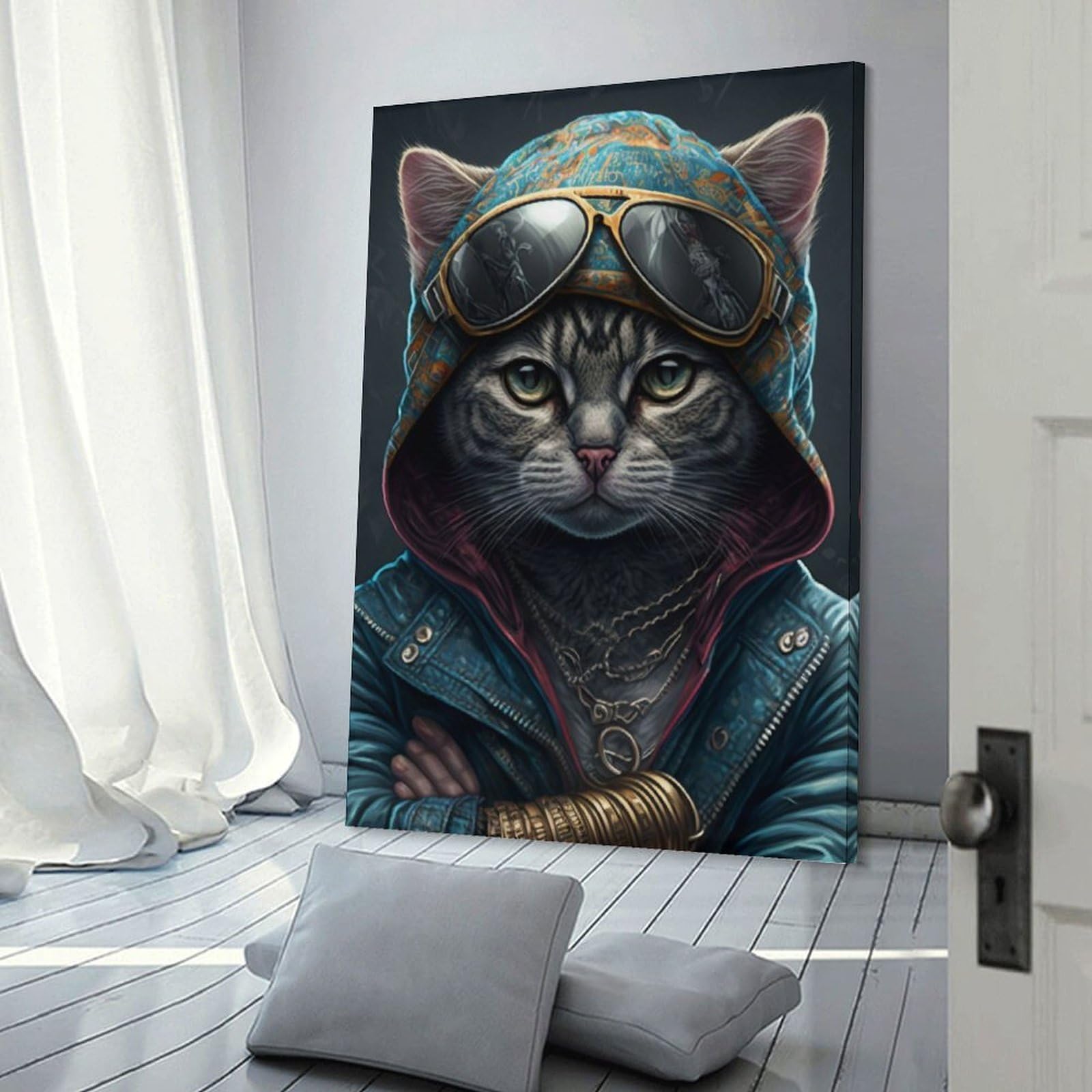 Junmoney Canvas Wall Decor Rapper Cat, 12x18inch(30x45cm), for Flats, Guest Rooms Or Compact Rooms, Wall Decor with Flexible Room Appeal