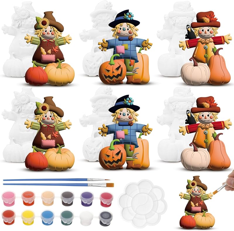Maasechs 6 Pack Fall Ceramic Scarecrow to Paint, Thanksgiving Decor