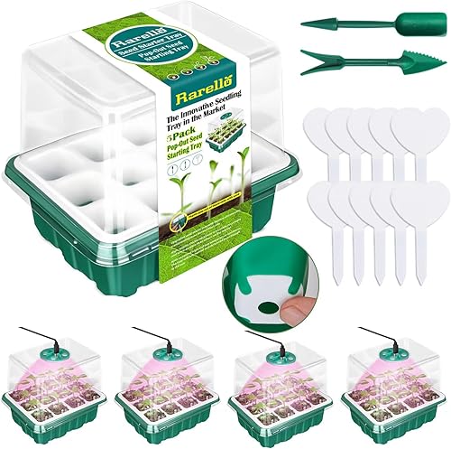 Miniatura 7 de Kit de iniciación de semillas de 60 celdas, paquete de 5 bandejas reutilizables de inicio de plántulas con fondos de silicona flexibles y cúpulas de