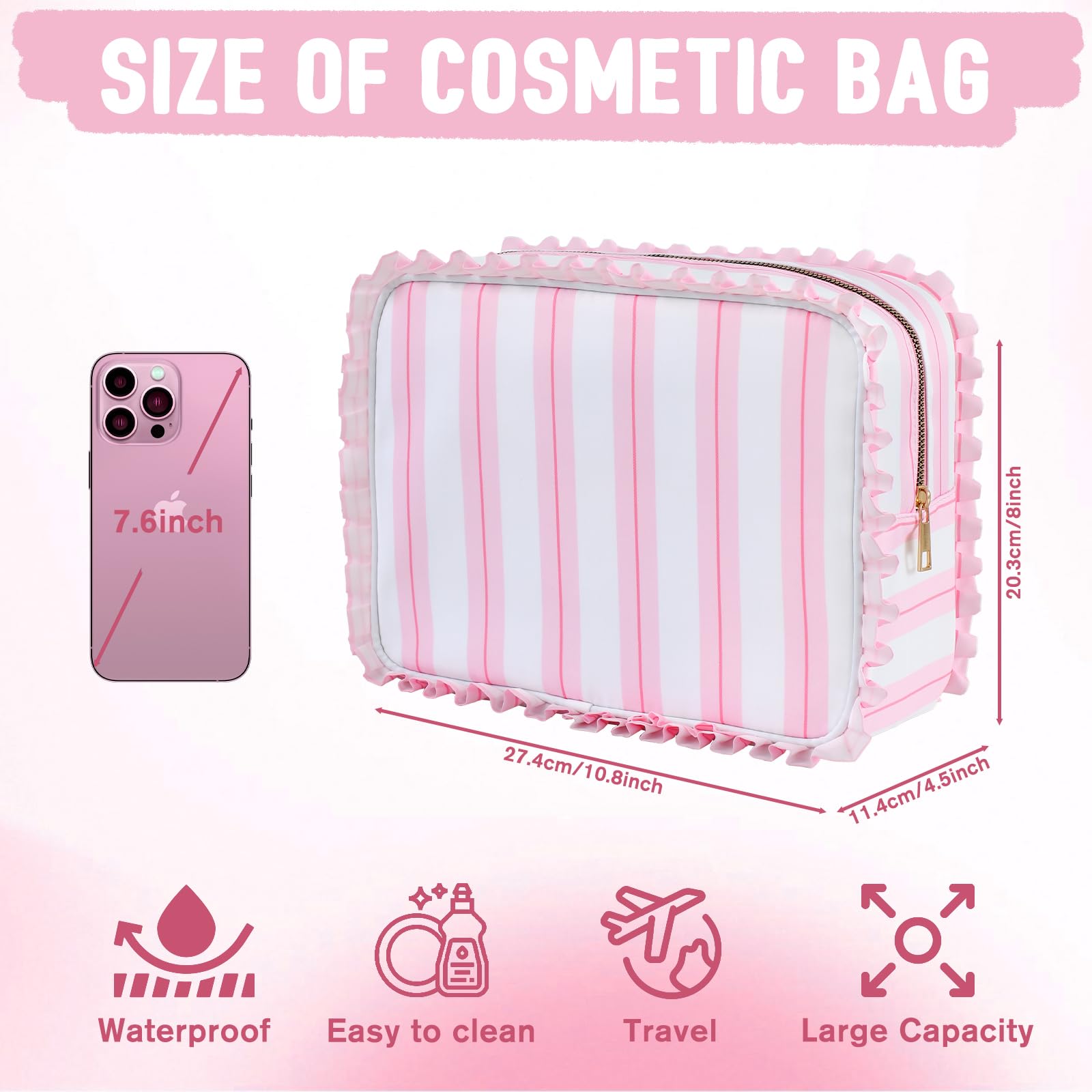 Ruffled Makeup Bag with Zipper Closure, Large Capacity Travel Organizer