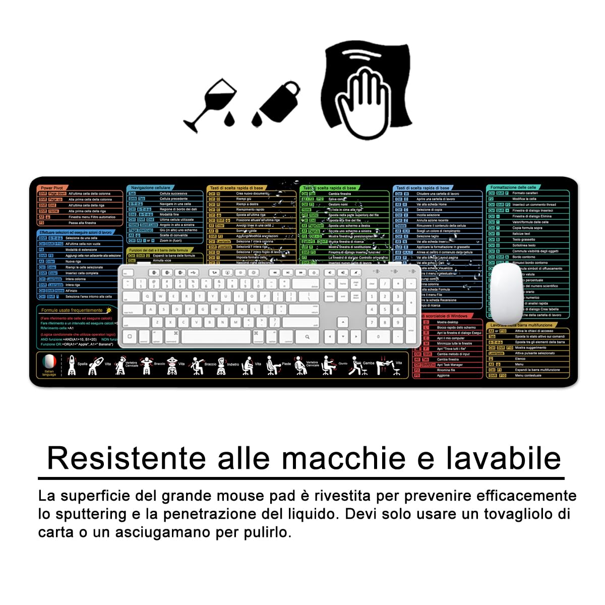 Excel Grande tappetino per il mouse, misura XL, per il gaming, la scrivania, motivo scorciatoie da tastiera in italiano, di colore nero