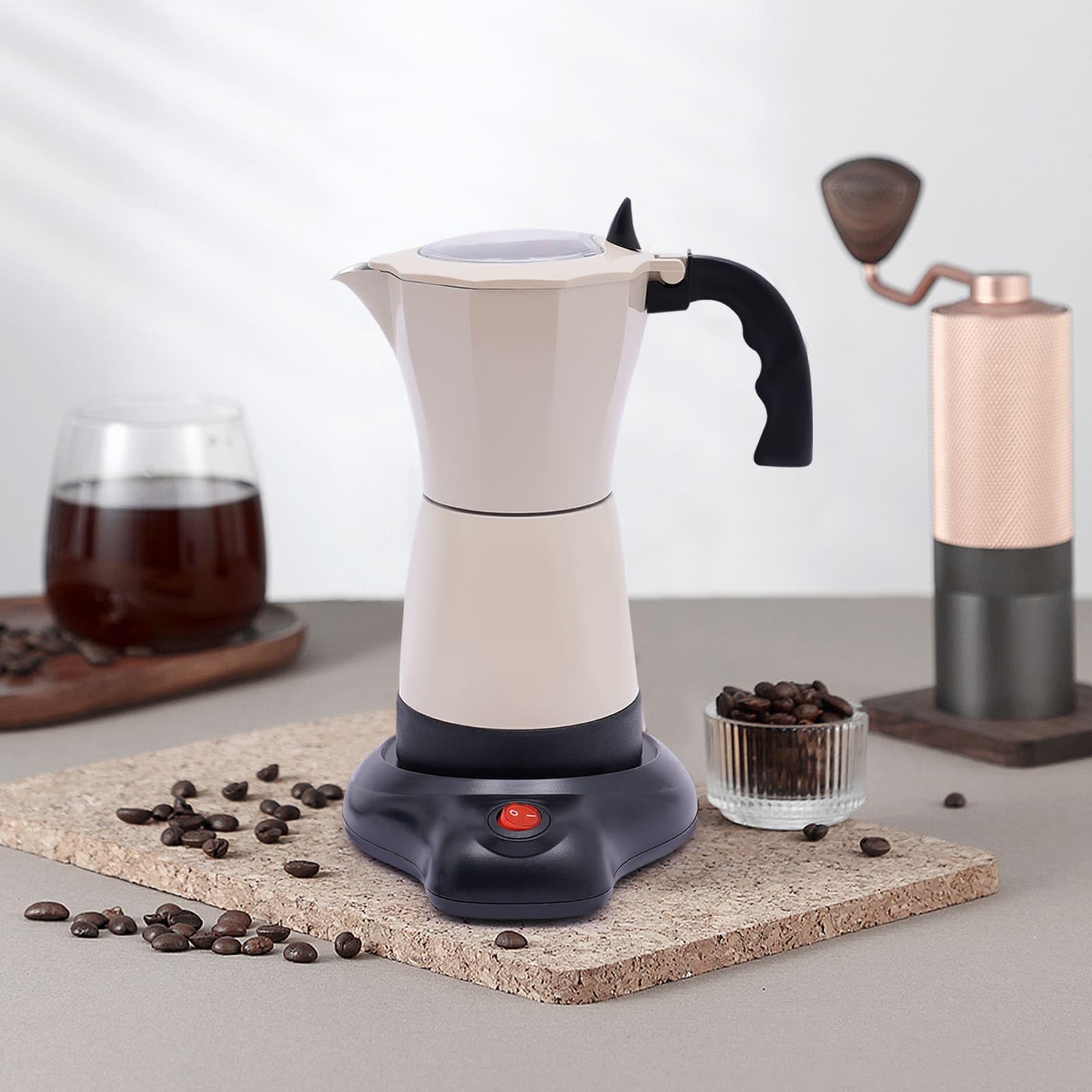 Cafetera eléctrica italiana con base para 6 tazas de café espresso, 300 ml, 480 W, aleación de aluminio, giratorio de 360 grados, 10,2 x 19,5 cm (blanco crema)