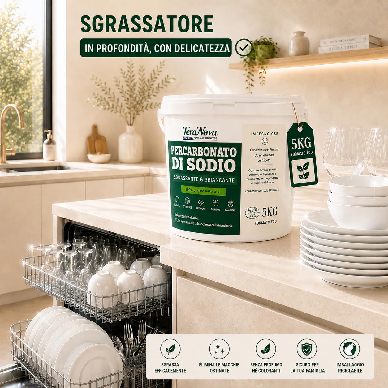 Percarbonato di Sodio 5 kg – Smacchiatore e Sbiancante Naturale ECOCERT – 100% Puro senza Additivi – Oltre 600 Lavaggi – Ossigeno Attivo – Dosatore Incluso