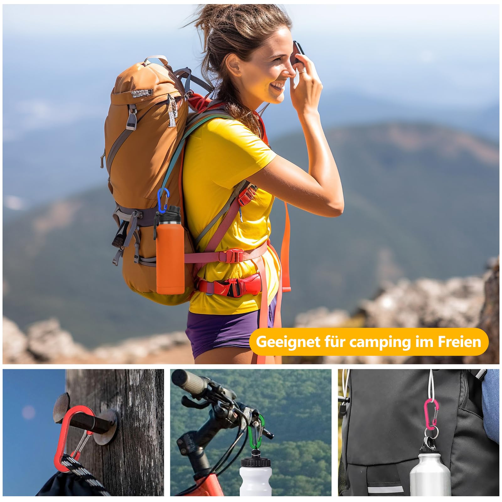 Mousquetons en Aluminium Colorés Porte-clés avec Anneau pour Randonnée Sac à Dos Pêche Camping 10 Pièces