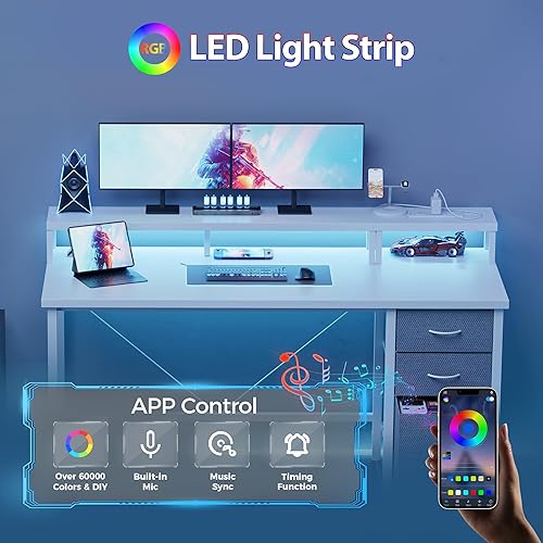 Miniatura 8 de Mericonia - Escritorio para computadora de 63 pulgadas con tomas de corriente y luces LED, escritorio para juegos con 3 cajones para oficina en