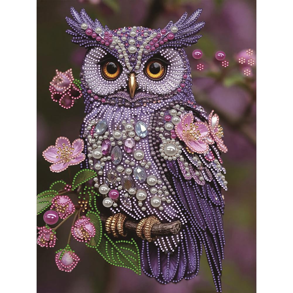 Pearl Purple Owl Special Shaped 5D DIY Partial Drill Diamond Painting Kit Home Art 30x40cm